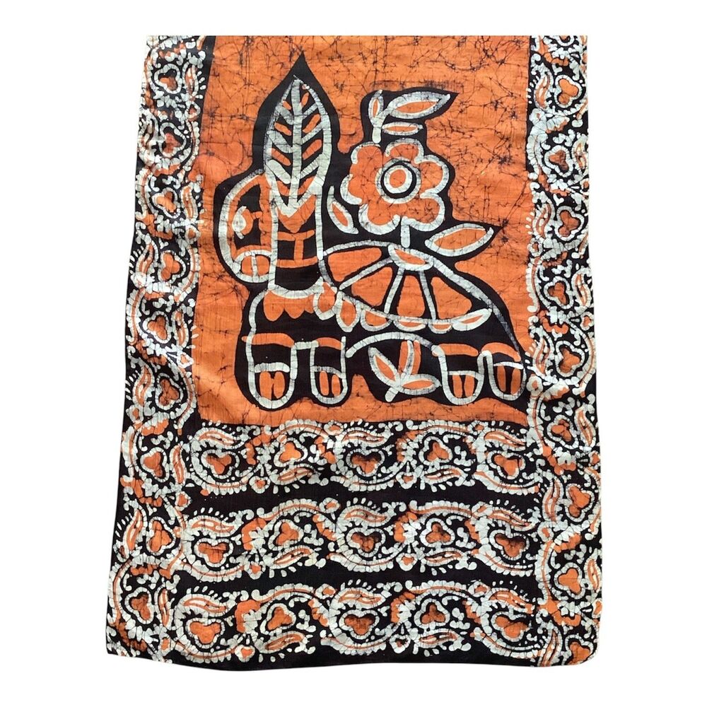 Vintage Batik Silk Scarf 1960s Orange Black White
